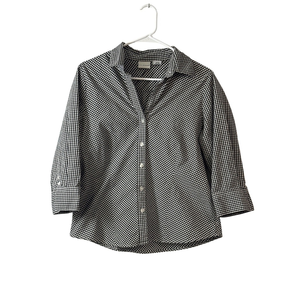 Kim Rogers Womens Black & White Gingham Button-Up Shirt M Cotton/Spandex